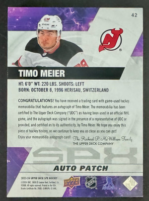 2023-24 SPx Timo Meier Auto Patch /25 (Game Used Patch) back